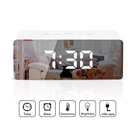 Digital Alarm Clock with LED, Portable Practical Decorative Mirror Alarm with Large LED Display, Temperature, Snooze Time& Adjustable Brightness Usb & Battery Powered for Bedside, Bedroom, Office, Travel(White)
