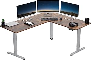 VIVO Electric Height Adjustable 63 x 55 inch Corner Stand Up Desk, Rustic Vintage Brown Table Top, Gray Frame, L-Shaped Standing Workstation, 3CT Series, DESK-E3CTGN