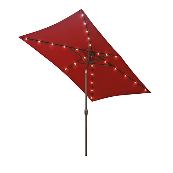 Aok Garden 9ft x 6ft Duluxe Tilting Solar LED Lighted Antique Brown Finish Market Outdoor Umbrella W/Crank System and tilt Function with Heavy Duty 220g Polyester PA Coating Sunshade Wine Red