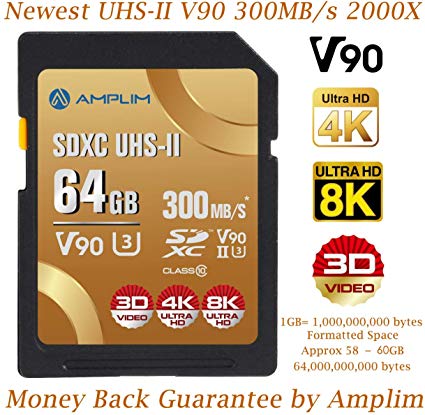 64GB UHS-II V90 SDXC SD Card - Amplim Blazing Fast 300MB/s (2000X) UHSII U3 Extreme High Speed 64 GB SD XC Memory Card for 4K 8K UHD Video Camera Camcorder. 64G TF Flash Storage – New Sept 2019