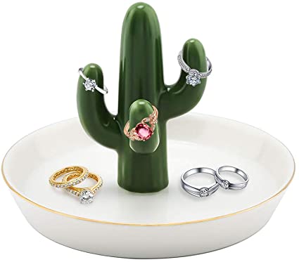 Ceramic Ring Holder with Derorative White Dish Ceramic Cactus Ring Holder Green & White | Ring, Bracelet, Jewelry, Trinket Tray/Dish | Great for Wedding Ring, Mother`s Day Girl Friend (Cactus, 10inch)