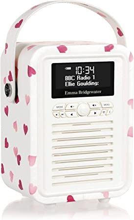 VQ Portable Retro Mini DAB and DAB  Digital Radio with FM, Bluetooth, Aux, USB, Alarm Clock – Emma Bridgewater Pink Hearts