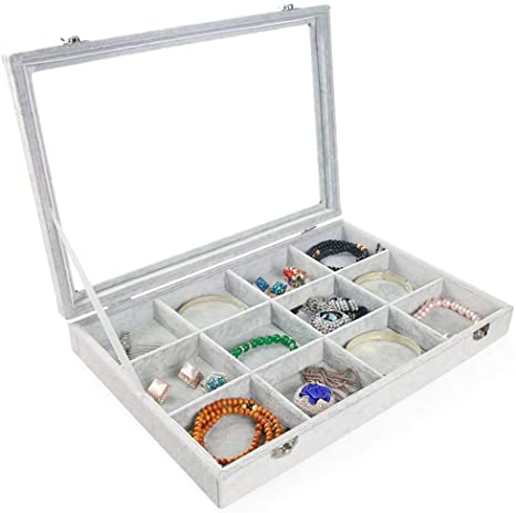 Penxina Ice Velvet 12 Grid Jewelry Tray Box Jewelry Earring Bracelet Display Case Organizer Glass Top Lid & Lock