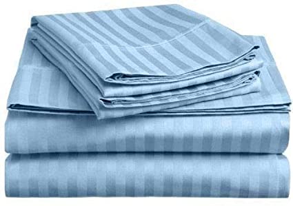 Way Fair Sheet Set Twin Extra Long Size Light Blue Stripe 100% Cotton 600 Thread-Count (15" Deep Pocket Drop) by