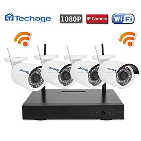 Techage Wifi Security System/ Wireless CCTV System Outdoor/ Indoor, 4CH 1080P 2.0MP Waterproof IP Camera, 65ft Night Vision, Plug & Play, 36 Led Lights Home Security Surveillance Kits Without HDD