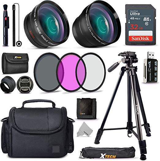 Xtech Accessory Kit for Canon Rebel T7, T7i, T6, T6i, T5, T5i SL1, SL2, SL3, EOS 70D, 77D, 80D 90D DSLR Camera Includes 58mm Wide / 2X Telephoto Lens, Filters, Case, 72” Tripod, Accessories Bundle