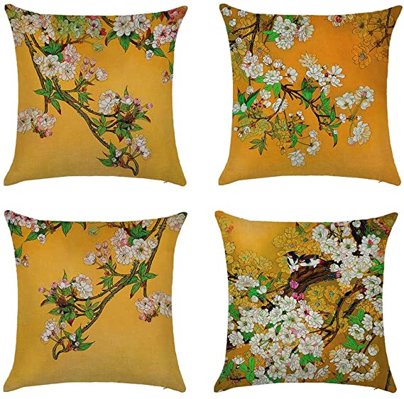 Bird-and-Flower Painting Throw Pillow Cover Cushion Covers Traditional Chinese Calligraphy Culture Chinese Painting of Flowers and Birds Pillowcases 18x18 Inch