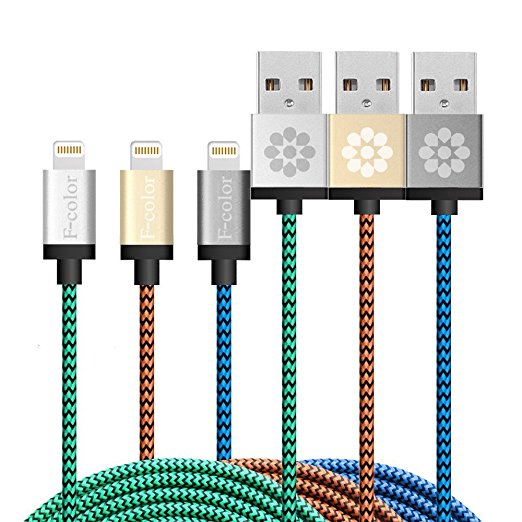iPhone 7 Charger Apple Certified, F-color 3 Pack 6ft Braided 8 pin Apple Lightning Cable for iPhone 7 6s 6s Plus 6 6 Plus 5 5s 5c, iPad Pro, iPad Mini 4, iPhone SE, Grey Silver Gold