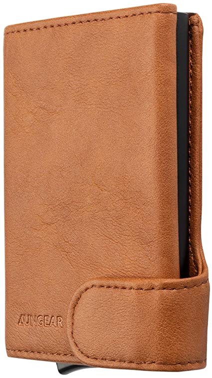 Credit Card Holder, Slim Leather Pop up Wallet RFID Blocking Metal Card Case for Man and Women (brown)