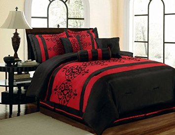 7Pcs Queen Catherine Flocking Black and Red Comforter Set