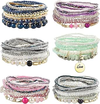 LOLIAS 6 Sets Bohemian Stackable Bead Armbänder Stretch-Armband Coil-Armband für Damen Mehrschichtiges Armband Armreifen Set Mode Perlen Schmuck