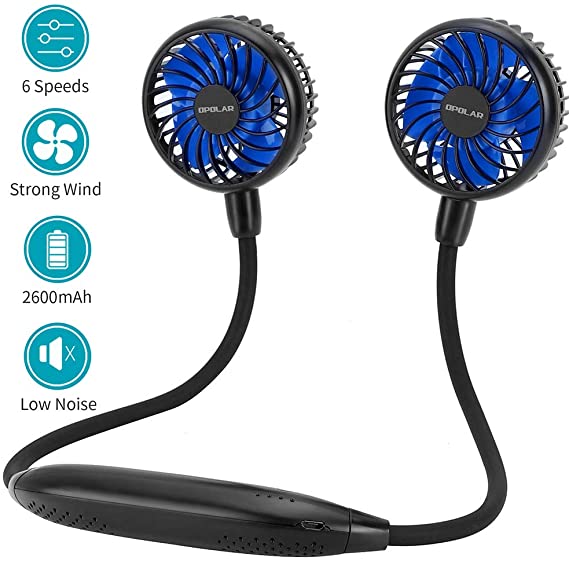 【New】OPOLAR 2600mAh Neck Fan with Super Strong Airflow, Portable Wearable Personal Fan Lasts 2-16 hrs, 6 Speeds, Ultra Quiet, Rechargeable USB fan Sports Home Office-BLACK