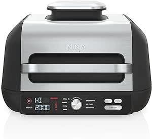 Ninja IG601 Foodi XL 7-in-1 Indoor Grill Combo, use Opened or Closed, Air Fry, Dehydrate & More, Pro Power Grate, Flat Top Griddle, Crisper, Black, 4 Quarts