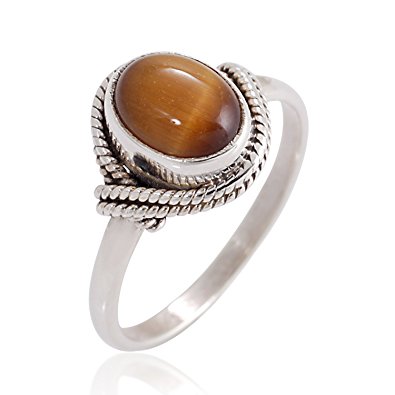 925 Sterling Silver Tiger Eye Gemstone Oval Rope Edge Vintage Band Ring Size 6, 7, 8