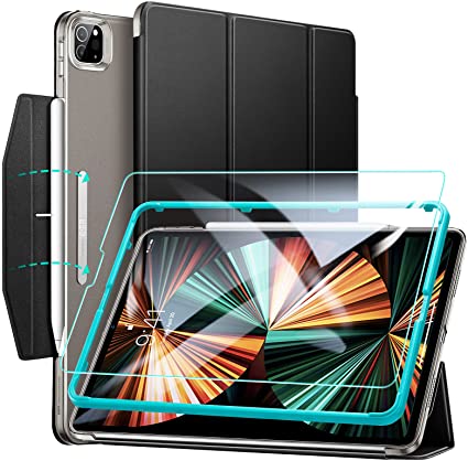 ESR Ascend Trifold Case Compatible with iPad Pro 12.9 Inch 2021 (5th Generation), with Tempered-Glass Screen Protector, Auto Sleep/Wake, Supports Pencil Wireless Charging, Black