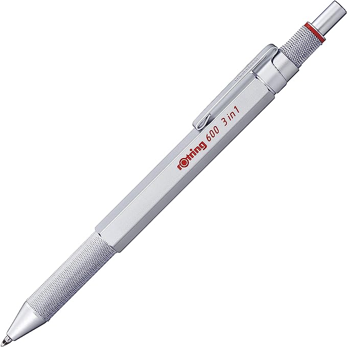 Rotring 600 3-in-1 Multicolor Pen and Mechanical Pencil, Switches Between 2 Ballpoint Pen Fine Point Tips (Black and Red Ink) and 1 Mechanical Pencil Tip (0.5mm Lead), Silver Barrel