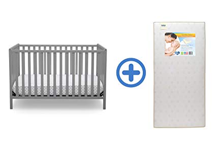 Delta Children Heartland 4-in-1 Convertible Crib, Grey with Twinkle Stars Crib & Toddler Mattress