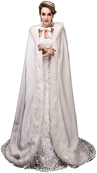 White Women's Wedding Cloak Coat with Hoods Winter Long Jacket Bridal Wraps Warm Faux Fur Cape