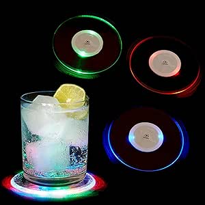 True LED, Light Up Drink Coasters with 6 Color Modes Plastic Battery Powered, 4 Inch Diameter, Set of 4, Clear