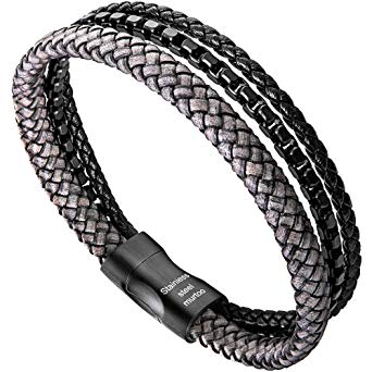 murtoo Mens Bracelet leather and Steel, Stainless Steel Chain and Leather Bracelets for Men Perfect Gift