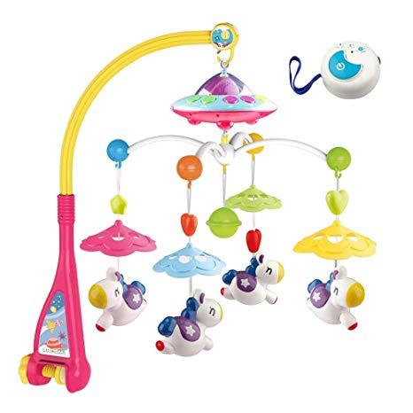 Mini Tudou Baby Bed Bell Toys Musical Crib Mobile - Remote Control Cartoon Animal Rattles Projection Music Box for Kids Newborn Baby Infant