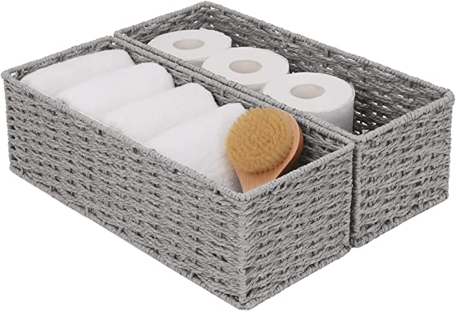 StorageWorks Round Paper Rope Woven Storage Basket, Bathroom Storage Organizer Basket, Toilet Paper Basket, Storage Basket for Toilet Tank Top, Pewter, 16.9" x 6.5" x 5.1", 2-Pack