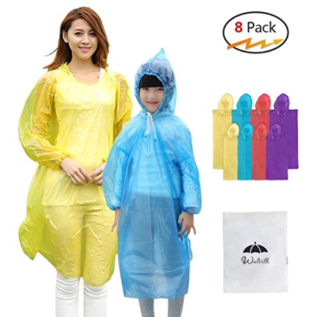 8 Pack Disposable Rain Ponchos with Drawstring Hood & Sleeve,4 Pack Adult Ponchos   4 Pack Kids Ponchos for Family Travel,Camping,Hiking,Fishing and Emergency,Thicker Material with 4 Colors