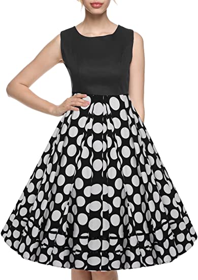 ACEVOG Womens Classy Vintage Polka Dot Audrey Hepburn Style Lace Print Evening Dress