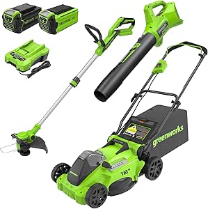 Greenworks 40V 16" Brushless Cordless (Push) Lawn Mower   Blower (350 CFM)   13" String Trimmer (Bonus Spools), 4.0Ah   2.0Ah Battery and Charger Included (75  Compatible Tools)