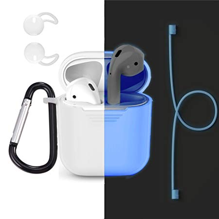 Bandmax Compatible Airpods Accessories 4 Pieces Set(Nightglow Blue),Silicone Airpods Case&Airpods Earhooks&Anti-Lost Strap&Carabiner Shockproof Case Cover Easy Compatible Airpods Charging