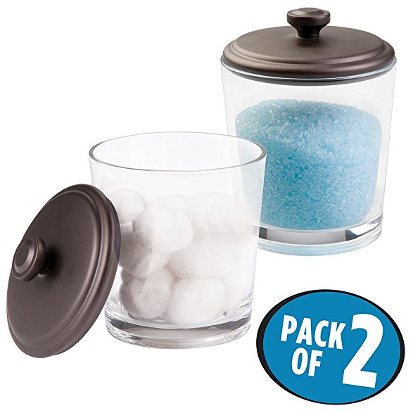 mDesign Bathroom Vanity Glass Canister Jar for Epsom Bath Salts, Soap, Cotton Balls, Swabs - Pack of 2, Clear/Bronze