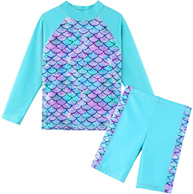 TFJH E Girls Swimsuit UPF 50  UV Two Piece Long Sleeve Swimwear Rash Guard Sets 3-12Y