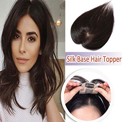 Silk Base Human Hair Toppers for Women Clip in Top Hairpiece Toupee for Thinning Hair Black Brown