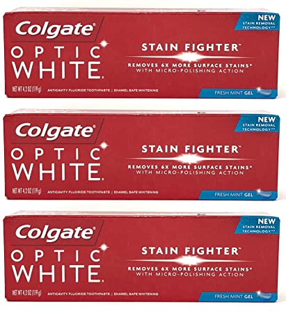 Colgate Optic White Stain Fighter Anticavity Fluoride Toothpaste, Fresh Mint Gel, 4.2 Ounces (Pack of 3)