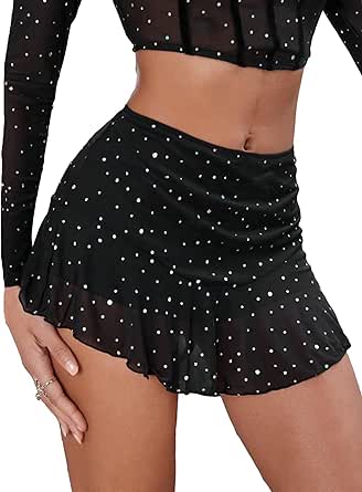 Milumia Women's Sparkly Mesh A Line Mini Skirt Y2k Low Waisted Flare Short Skirts