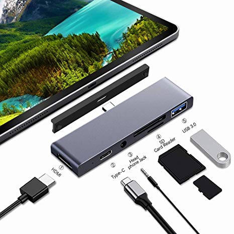 Ansbell Magnetic Multi Port Type C Hub,6 in 1 Mobile Pro Hub Adapter with HDMI,60W PD Charging,3.5mm Headphone Jack,Card Reader,USB 3.0 Compatible with iPad Pro,XPS,Galaxy and More(Pro Hub Gray)