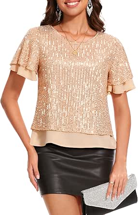 DRESSTELLS Women's Sparkly Sequin Tops, Glitter Holiday Party Cocktail Blouse, Ruffle Evening Club Concert Shirts