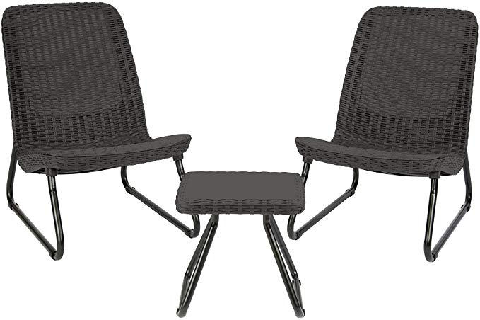 Keter Rio 3 Pc All Weather Outdoor Patio Garden Conversation Chair & Table Set Furniture, Grey