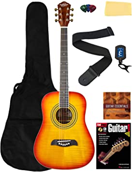 Oscar Schmidt OG5 3/4-Size Kids Acoustic Guitar Learn-to-Play Bundle w/Gig Bag, Tuner, Strap, Picks, Instructional Book, DVD, and Austin Bazaar Polishing Cloth - Flame Yellow Sunburst