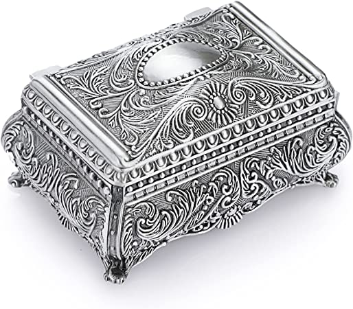 Hipiwe Metal Jewelry Box with Floral Engraved Vintage Rings Earrings Necklace Trinket Storage Organizer Box Treasure Chest Case Keepsake Box Gift for Girls Ladies Women, Small