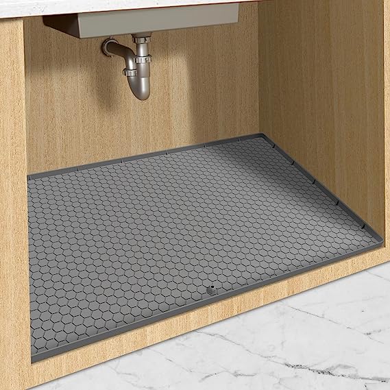 Forliver Under Sink Mat, 34" x 22" Silicone Under Sink Liner, for Kitchen Waterproof, with Unique Drain Hole, Under Sink Drip Tray, Sink Cabinet Protector Mats for Prevent Drips, Leaks, Spills (Grey)