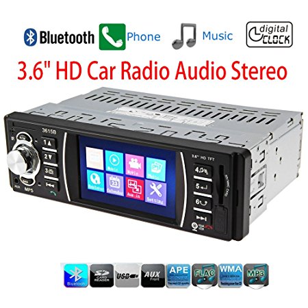 Regetek 3.6" Single DIN Bluetooth Car Stereo Audio Radio FM Receiver 1080P Video Player Mp3/SD/USB/AUX-in/Rear View Camera