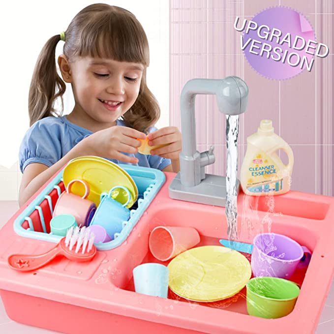 ZEEBABA Dishwasher Toy,Pretend Kitchen Sink Toys,Children Playing Toy with Running Water,Play Kitchen Toys for Boys Girls Toddlers Kid. (Pink)