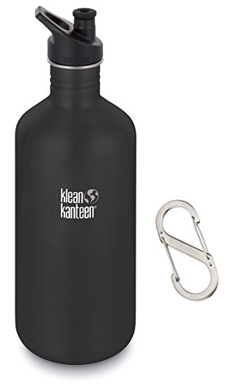 Klean Kanteen 64 oz Stainless Steel Water Bottle with Sport Cap 3.0 in Black Plus #4 S-Biner Stainless Carabiner