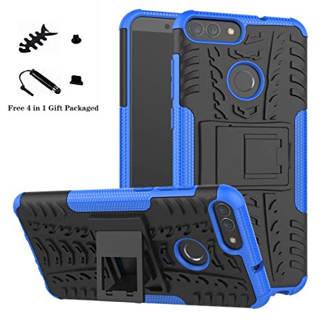 Huawei P Smart case,LiuShan Shockproof Heavy Duty Combo Hybrid Rugged Dual Layer Grip Cover with Kickstand for Huawei P Smart Smartphone (with 4in1 Packaged),Blue