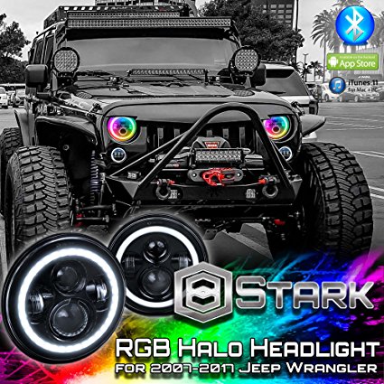 RGB Halo 7 inch LED Headlights - Plug and Play LED Angel Eye Headlight Sealed Beam with Bluetooth Function for 1997 to 2017 Jeep Wrangler JK CJ LJ