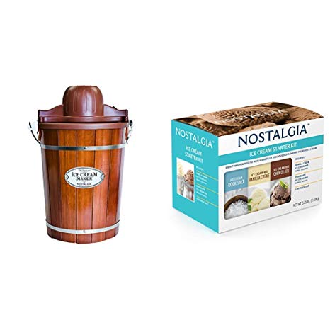 Nostalgia ICMP600WD Wood Bucket Ice Cream Maker with Nostalgia ISK3 Premium Ice Cream Starter Kit