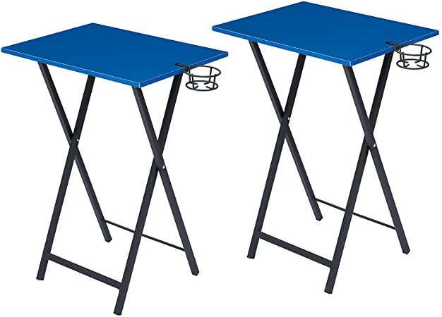 VECELO Portable TV Trays Set of 2 Folding Snack Eating Tables with Cup Holder, Suitable for Couch, Kitchen, Living Room and Bedroon, Easy Assembly and Storage, Sturdy, Dark Blue