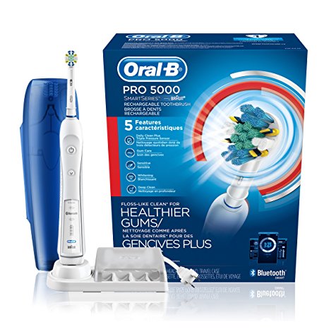 Oral-B Pro 5000 SmartSeries Power Rechargeable Electric Toothbrush with Bluetooth Connectivity and Travel Case, White, Powered by Braun