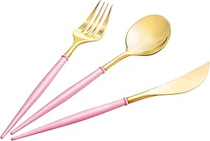 90pcs Gold Plastic Silverware, Gold Disposable Cutlery with Pink Handle Include 30 Forks, 30 Spoons, 30 Knives, Elegant Disposable Silverware for Wedding, Party, Gathering, Daily Use